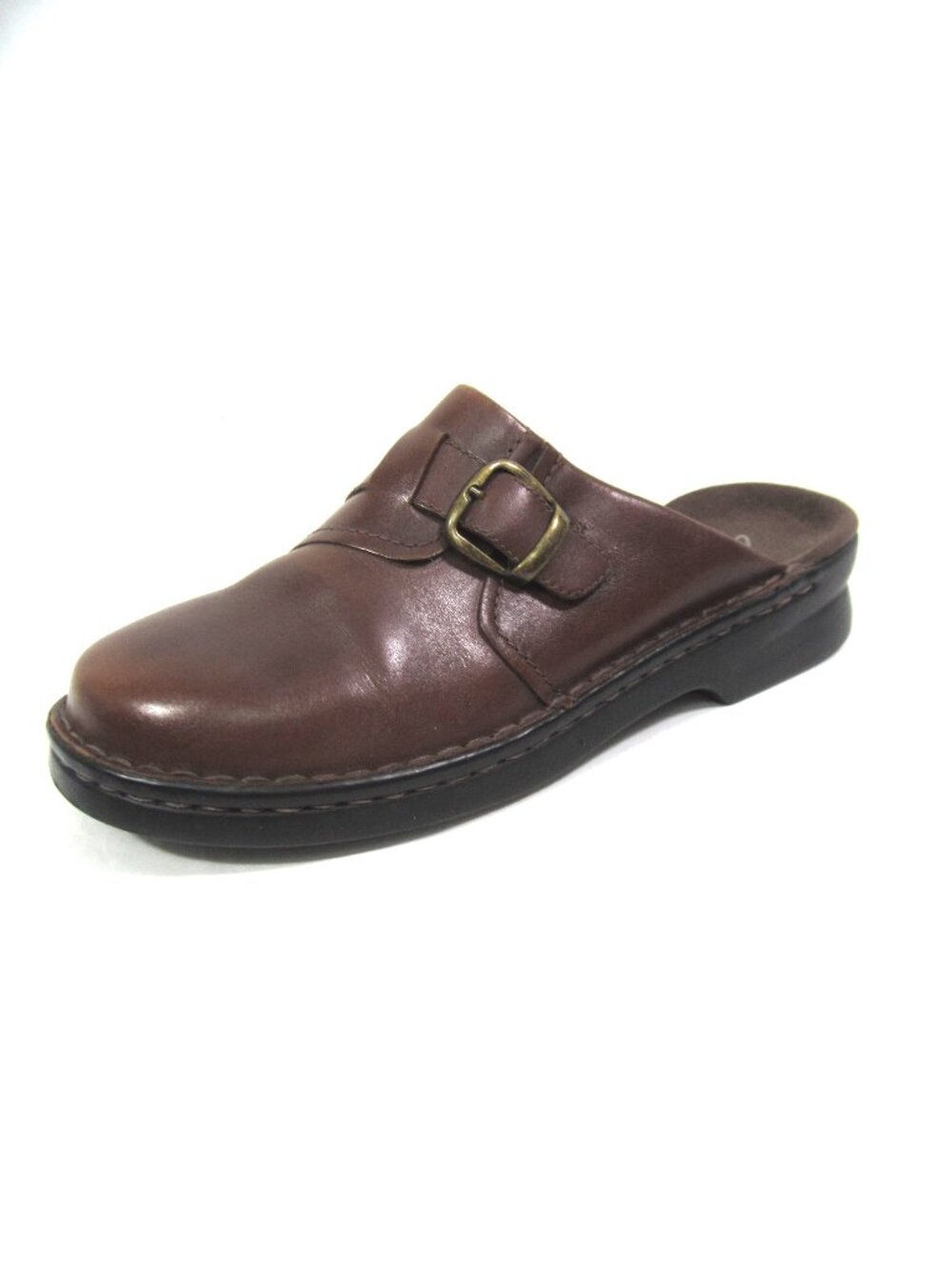 Clarks EUC Size 9M Rich Brown Leather Mule Clogs Slip On Antique Brass Buckle